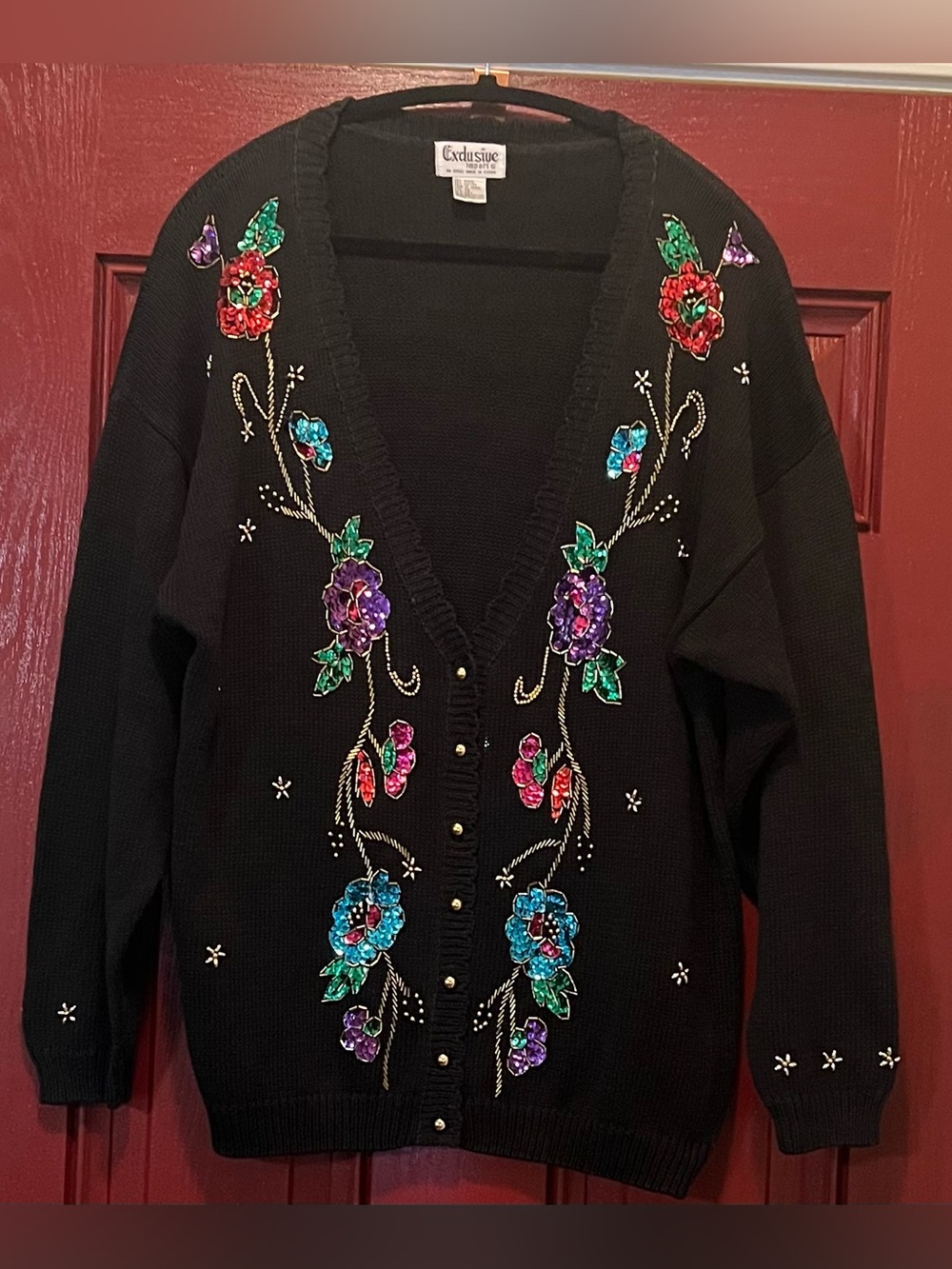 Vintage Black Embroidered Sequin V-Neck Cardigan